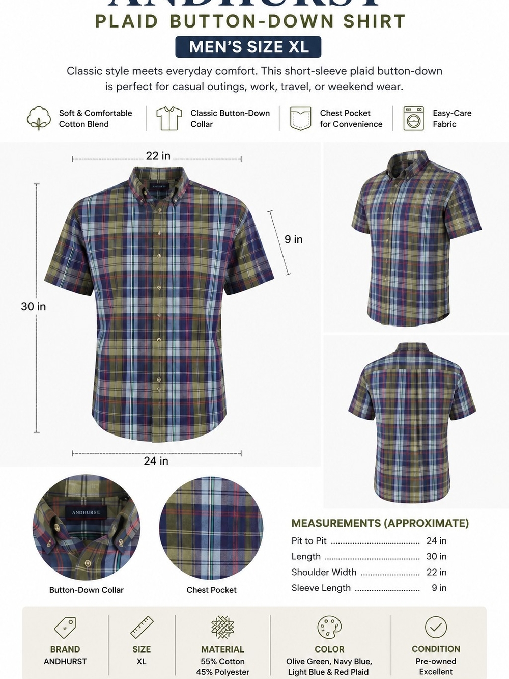Andhurst Men's Olive Green & Navy Blue Plaid Short-Sleeve Button-Down #AOULVB